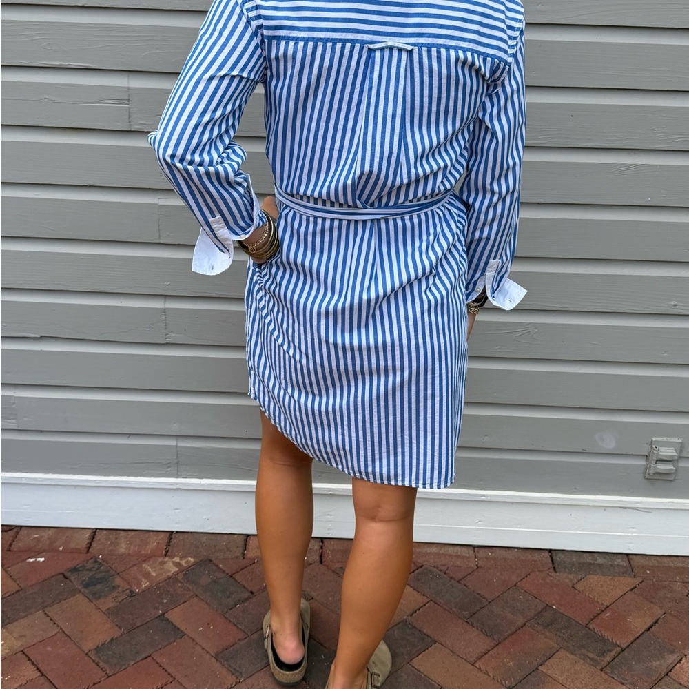 Striped Blue & White Collard Shirt Dress with Tie Waist Free Assembly - Picture 2 of 5